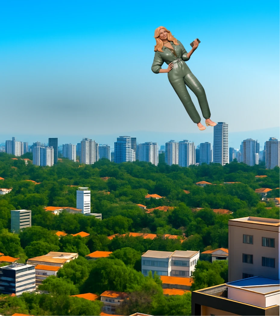 Paisagem com prédios altos ao fundo e área arborizada em primeiro plano